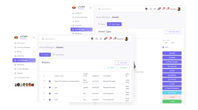 Live-Tech CMS asset management dashboard and hosting interface