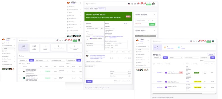 Live-Tech CMS billing manager showing invoices and subscriptions
